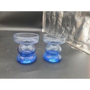 Set Of 2 Blue Blown Glass Taper Candle Holders Vintage 2.5”x2.75” EUC